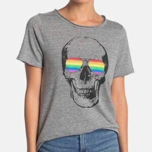 CHASER Skull with Rainbow Sun Glasses Graphic Gray Tee Shirt Small